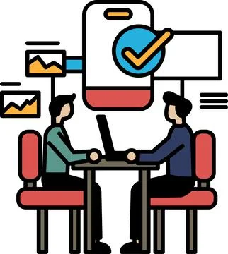 Two men sitting at a table with a laptop in front of them イラスト素材