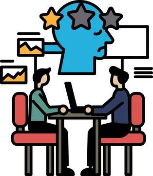 Two men sitting at a table with a laptop in front of them Stockillustratie