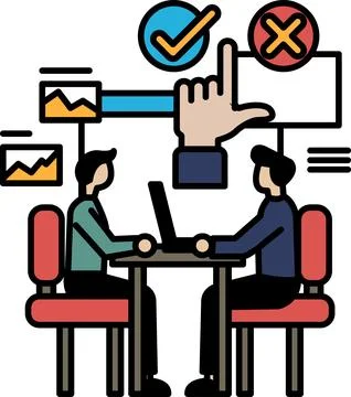 Two men sitting at a table with a laptop in front of them Stock Illustration