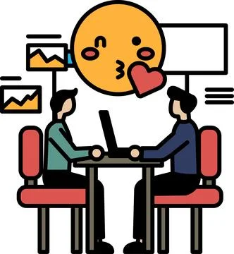 Two men sitting at a table with a laptop in front of them 스톡 일러스트