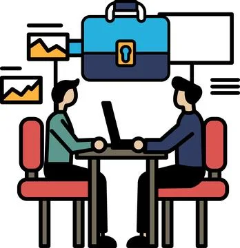 Two men sitting at a table with a laptop in front of them イラスト素材