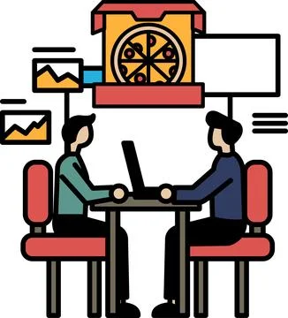 Two men sitting at a table with a laptop in front of them イラスト素材