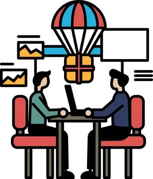 Two men sitting at a table with a laptop in front of them Stock Illustration