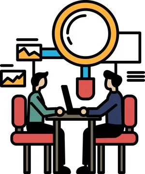 Two men sitting at a table with a laptop in front of them イラスト素材