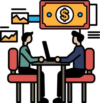 Two men sitting at a table with a laptop in front of them Stock Illustration