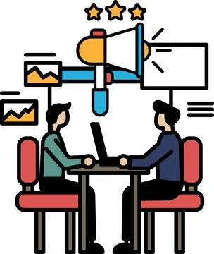 Two men sitting at a table with a laptop in front of them Stock Illustration