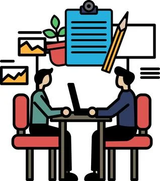 Two men sitting at a table with a laptop in front of them Stock Illustration