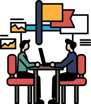 Two men sitting at a table with a laptop in front of them Stock Illustration