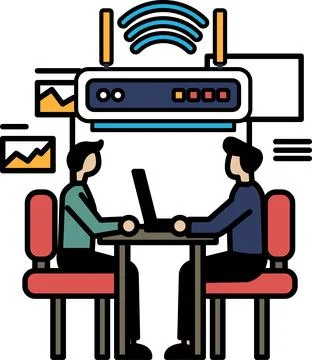 Two men sitting at a table with a laptop in front of them 스톡 일러스트