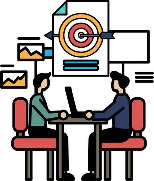 Two men sitting at a table with a laptop in front of them Stock Illustration