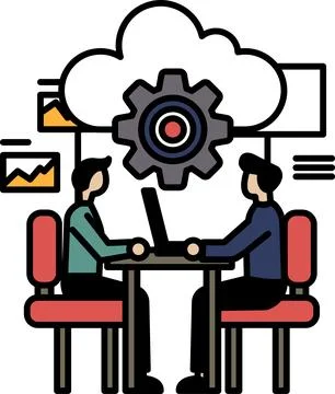 Two men sitting at a table with a laptop in front of them Stock Illustration