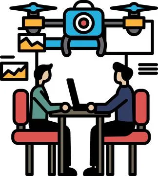 Two men sitting at a table with a laptop in front of them Stock Illustration