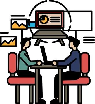 Two men sitting at a table with a laptop in front of them Stock Illustration