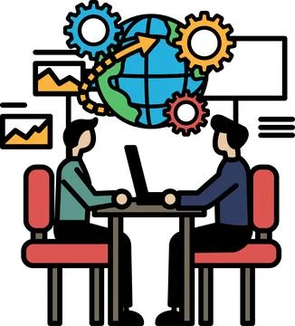 Two men sitting at a table with a laptop in front of them Stock Illustration