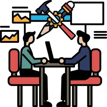 Two men sitting at a table with a laptop in front of them Stock Illustration