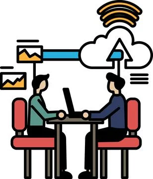 Two men sitting at a table with a laptop in front of them Illustrazione stock