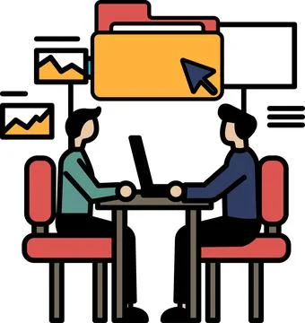 Two men sitting at a table with a laptop in front of them Stock Illustration