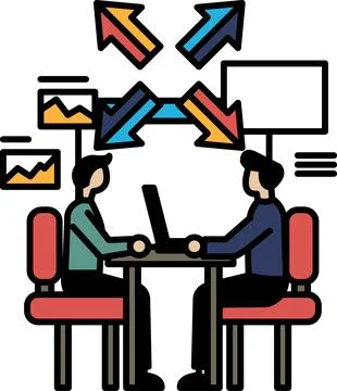 Two men sitting at a table with a laptop in front of them Stock Illustration