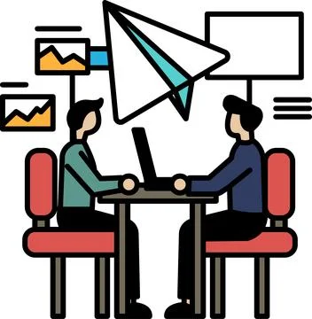 Two men sitting at a table with a laptop in front of them Stock Illustration