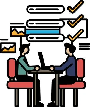 Two men sitting at a table with a laptop in front of them Stock Illustration