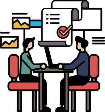 Two men sitting at a table with a laptop in front of them イラスト素材