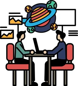 Two men sitting at a table with a laptop in front of them Stock Illustration