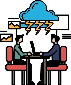 Two men sitting at a table with a laptop in front of them Stock Illustration