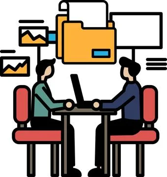 Two men sitting at a table with a laptop in front of them Stock Illustration