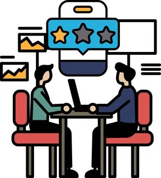 Two men sitting at a table with a laptop in front of them Stock Illustration