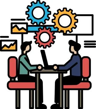 Two men sitting at a table with a laptop in front of them Stock Illustration