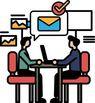 Two men sitting at a table with a laptop in front of them Stockillustratie