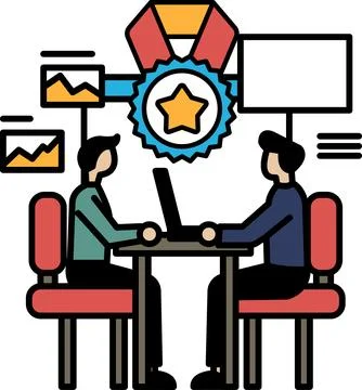 Two men sitting at a table with a laptop in front of them イラスト素材