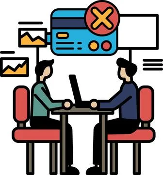 Two men sitting at a table with a laptop in front of them Stock Illustration