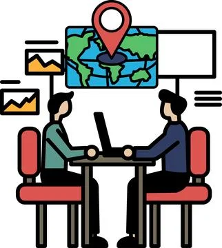 Two men sitting at a table with a laptop in front of them イラスト素材