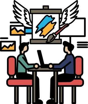 Two men sitting at a table with laptops, one of them holding a paintbrush 스톡 일러스트