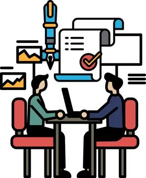 Two men sitting at a table with a pen and paper in front of them Stock Illustration