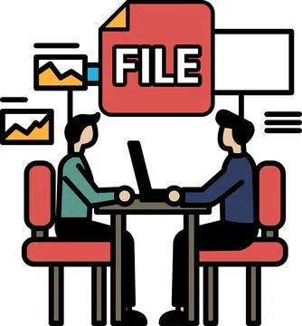 Two men sitting at a table with a red file folder in the background Stock Illustration