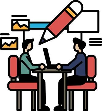 Two men sitting at a table with a red pen on the table Illustrazione stock