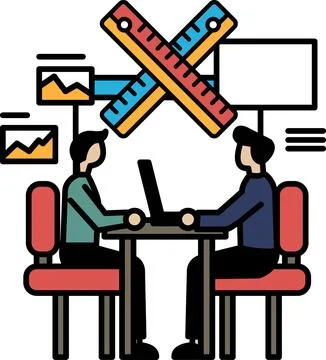Two men sitting at a table with a ruler and a laptop 스톡 일러스트