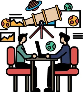 Two men sitting at a table with a telescope in the background Stock Illustration
