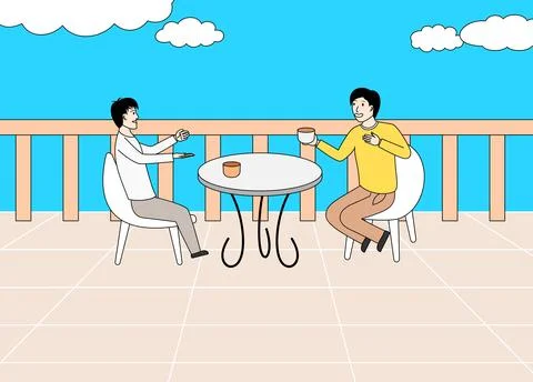Two men sitting at a table while drinking coffee Stock Illustration