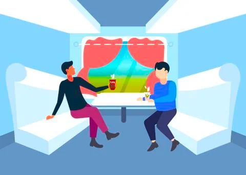 Two men sitting together in train compartment passengers discussing drinking tea Stock Illustration