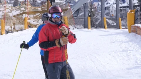 Two Men Skiing Daytime Winter Park City Stock Footage 86753499