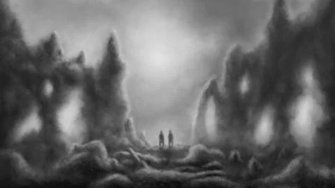 Two men stand among stone ruins. Dark silhouette scary illustration. Despai.. Stock Illustration