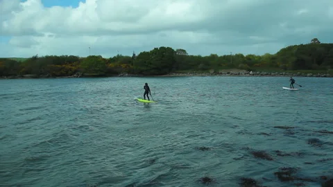 Two men stand up paddleboarding SUP Video stock 236712596