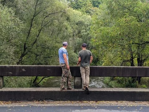 Two men stand on the side of a bridge looking over a forest creek Foto stock