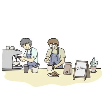 Two men standing and working behind a coffee shop counter illustration Stock Illustration