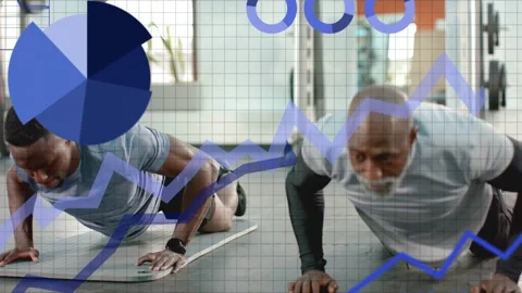 Two men starting kneeling, shifting weight into push-ups, analytics overlays Stock Footage 333169805
