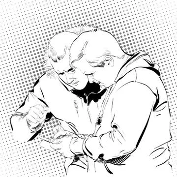 Two men in a suit reading the document. Business meeting. Discussion of business Stock Illustration