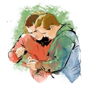 Two men in a suit reading the document. Discussion of business strategy Stock Illustration